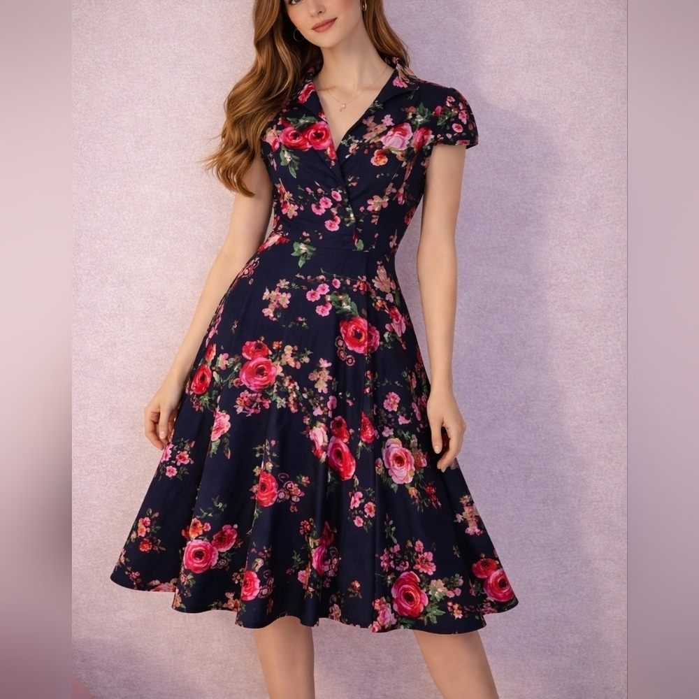Hearts & Roses Midnight Garden Floral Rose Swing Cap Sleeve Shirt Dress
